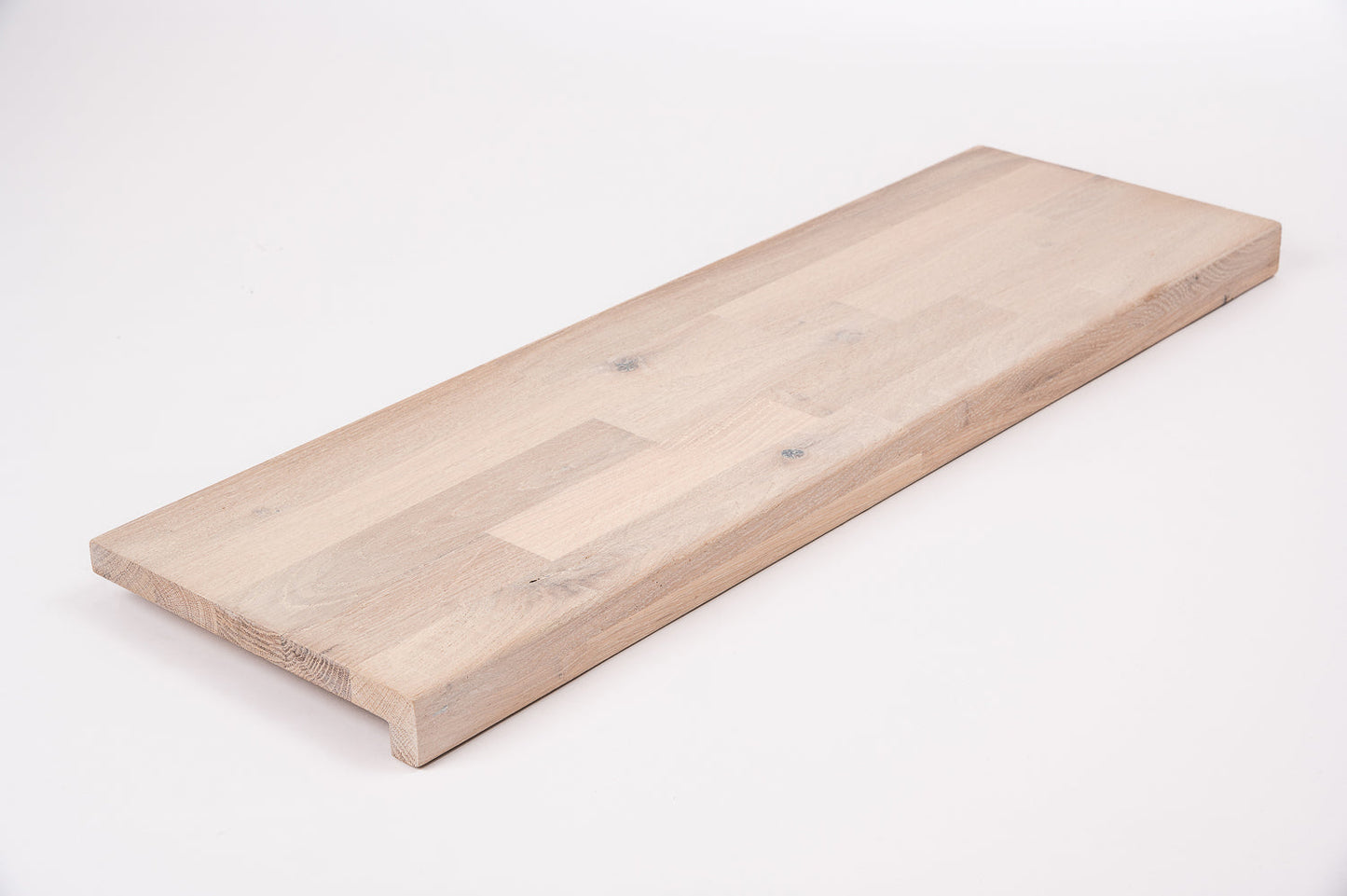 Stair tread Windowsill with overhang Oak Rustic, finger jointed lamellas, 26 mm, Brushed, Chalked white oil