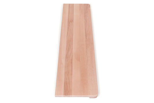 Stair tread Windowsill with wide overhang (5 cm deep) Beech Redheart A/B, full stave lamellas, 20 mm, Unfinished, with rounded corners (radius 20 mm)