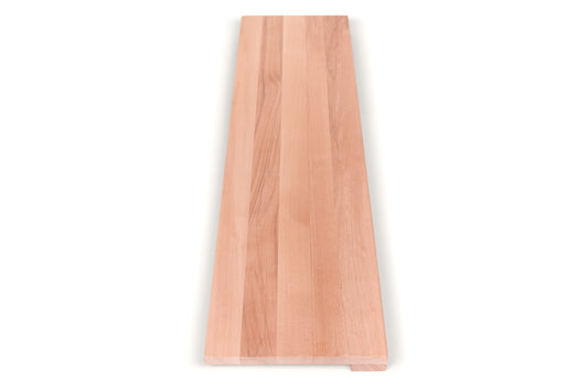 Stair tread Windowsill with wide overhang (5 cm deep) Beech Redheart A/B, full stave lamellas, 20 mm, Unfinished, with square corners