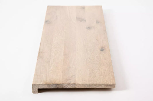 Stair tread Windowsill with overhang Oak Rustic, full stave lamellas, 26 mm, Brushed, Chalked white oil