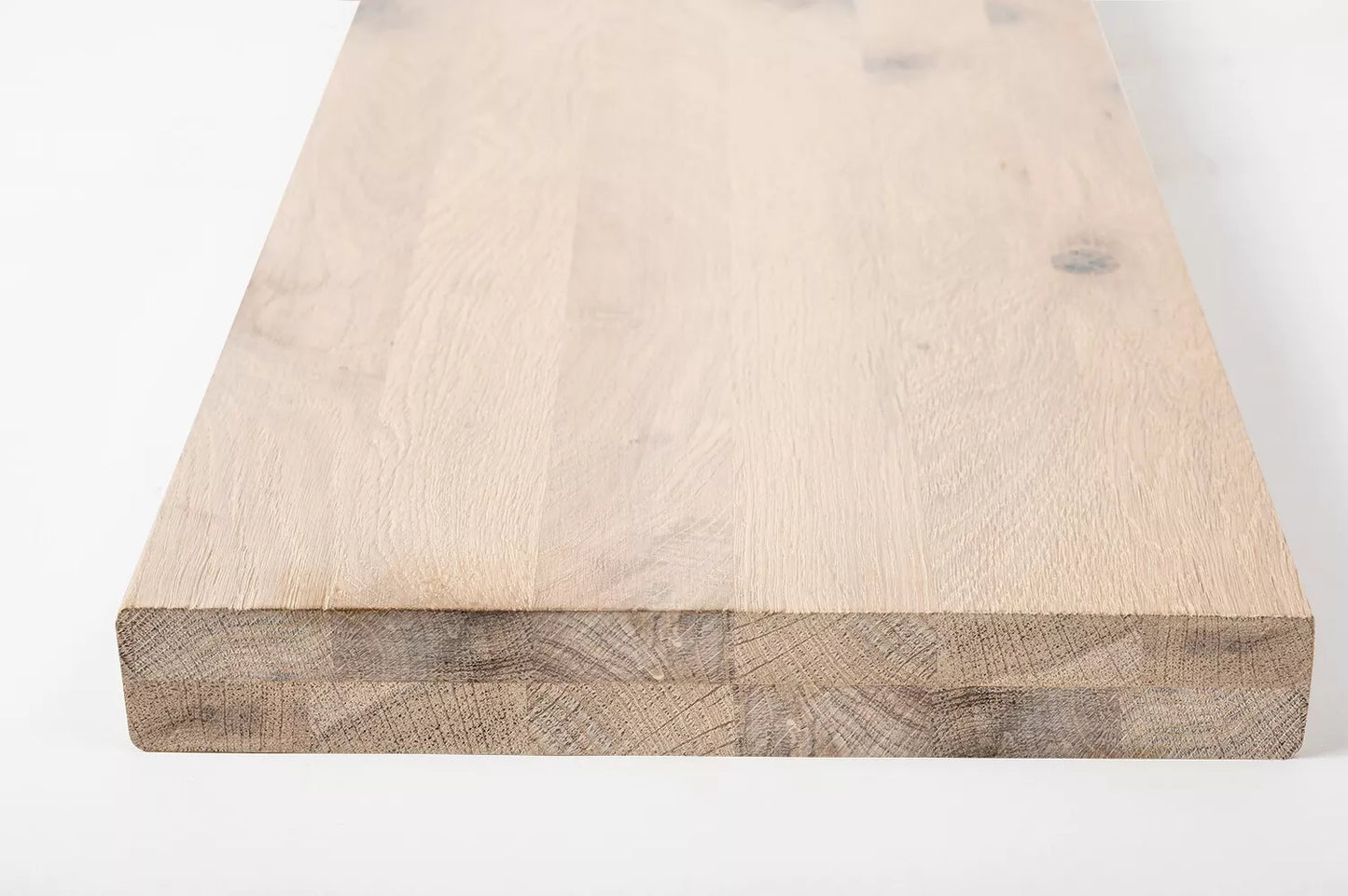 Shelf Stair tread Riser Windowsill Oak Rustic, full stave lamellas, 40 mm, 2-layer, Brushed, Chalked white oil
