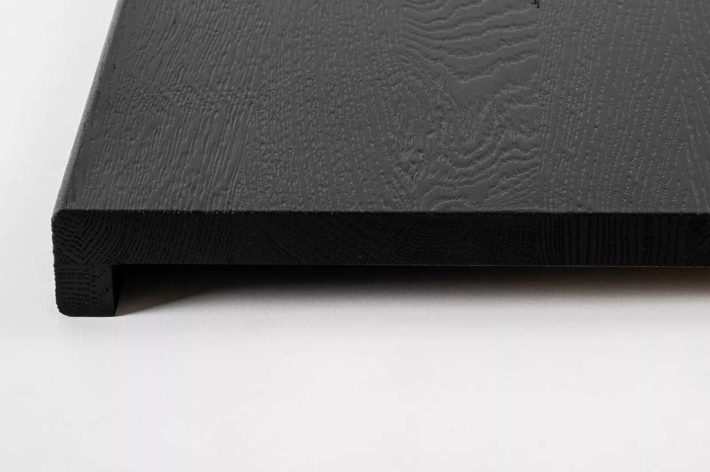 Stair tread Windowsill with overhang Oak A/B, full stave lamellas, 26 mm, Brushed, Graphite black lacquered (RAL9011)