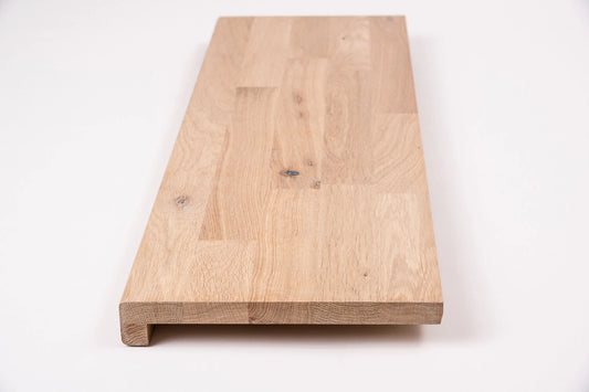 Stair tread Windowsill with overhang Oak Rustic, finger jointed lamellas, 20 mm, White oil