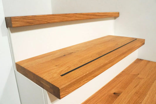 Stair tread Oak Rustic full stave lamellas, 35 mm, 2-layer, hard wax oil natural (colourless), with anti-slip rubber lip