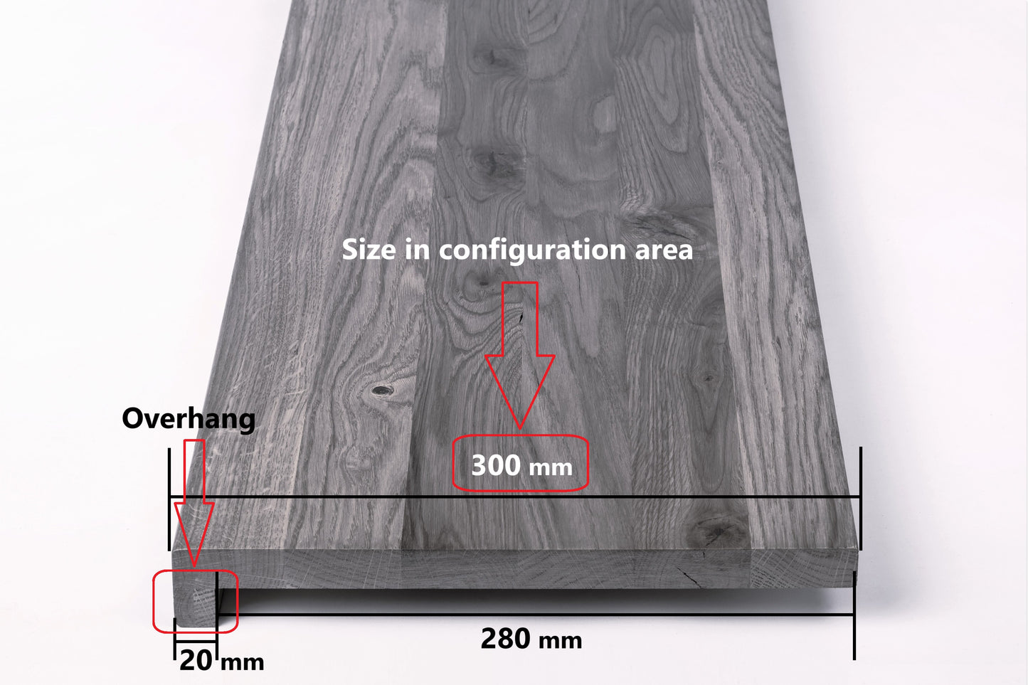 Stair tread Windowsill with overhang Oak Rustic, full stave lamellas, 16 mm, Brushed, Anthracite gray lacquered (RAL7016)