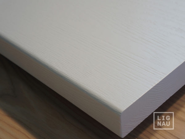 Shelf Stair tread Riser Windowsill Ash Rustic, full stave lamellas, 40 mm, 2-layer, Brushed, White lacquered (RAL9010)
