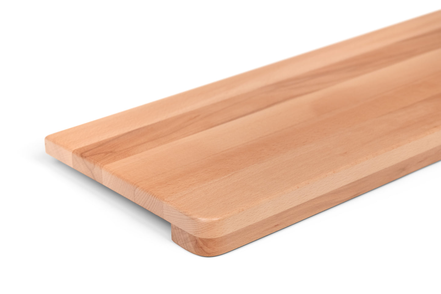 Stair tread Windowsill with wide overhang (5 cm deep) Beech Redheart A/B, full stave lamellas, 20 mm, Matte lacquered, with rounded corners (radius 20 mm)