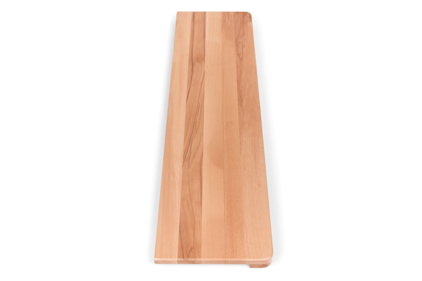 Stair tread Windowsill with wide overhang (5 cm deep) Beech Redheart A/B, full stave lamellas, 20 mm, Matte lacquered, with rounded corners (radius 20 mm)