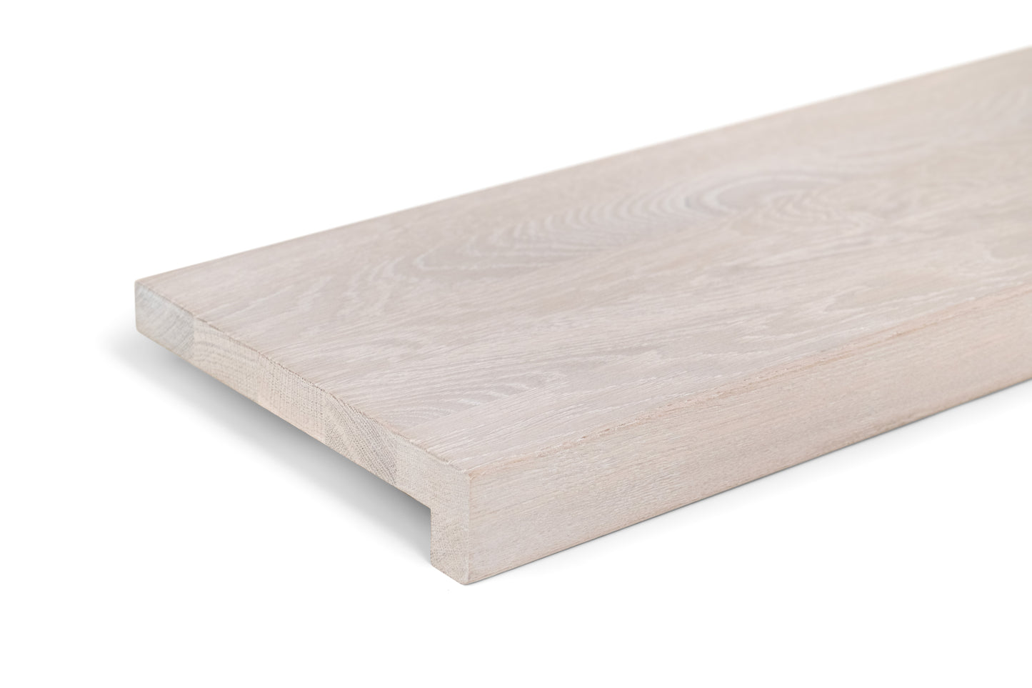 Stair tread Windowsill with overhang Oak A/B, full stave lamellas, 26 mm, Chalked white oiled