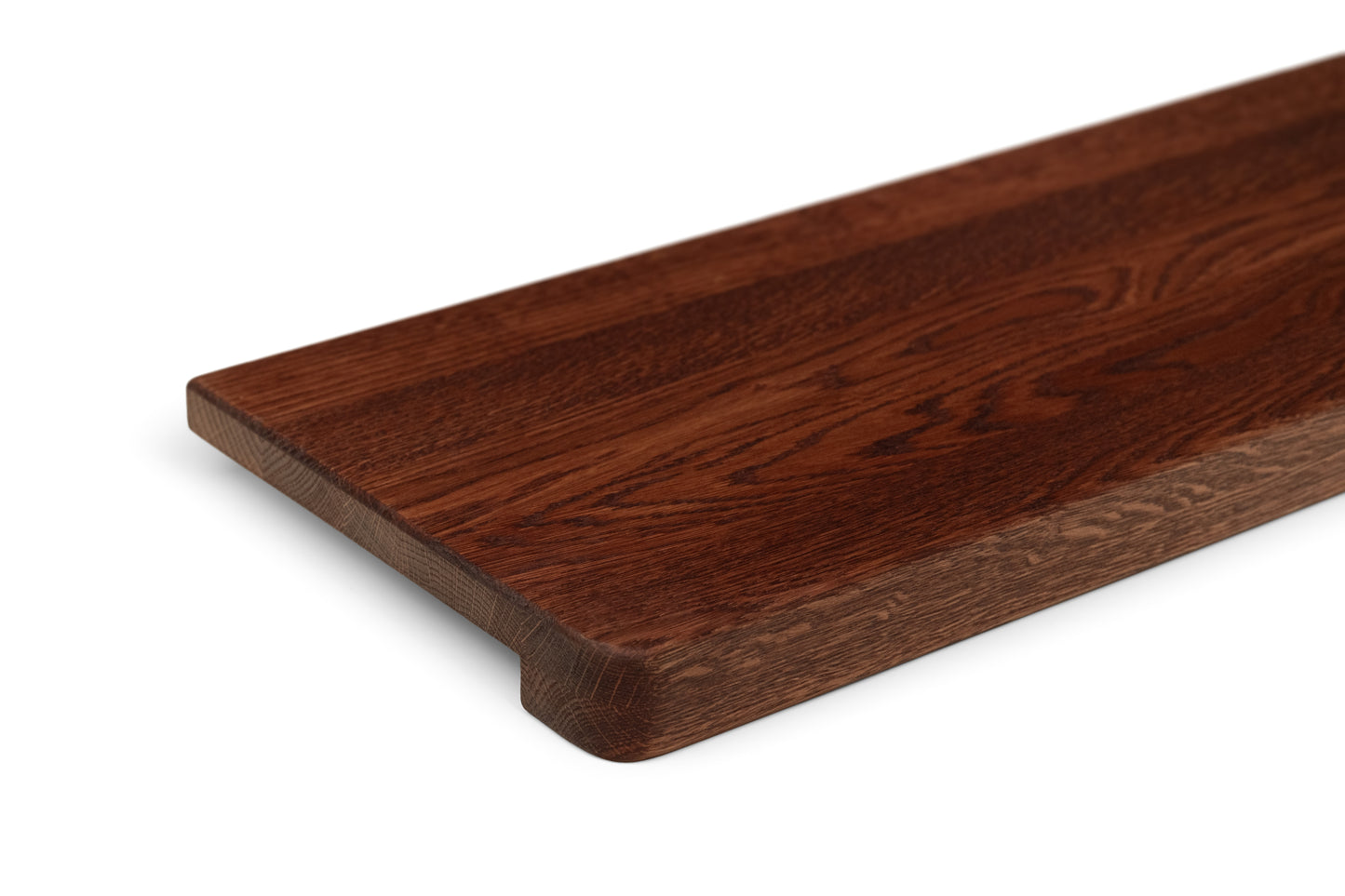 Stair tread Windowsill with wide overhang (5 cm deep) Oak A/B, full stave lamellas, 20 mm, English Red + Natural oil, with rounded corners (radius 20 mm)