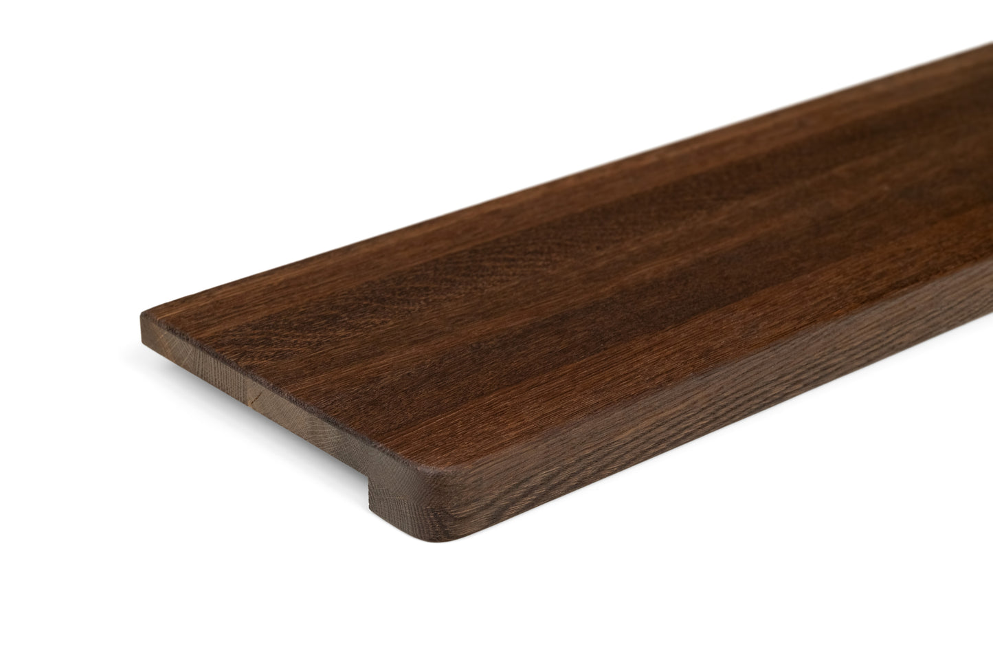 Stair tread Windowsill with wide overhang (5 cm deep) Smoked Oak A/B, full stave lamellas, 20 mm, Natural oil, with rounded corners (radius 20 mm)