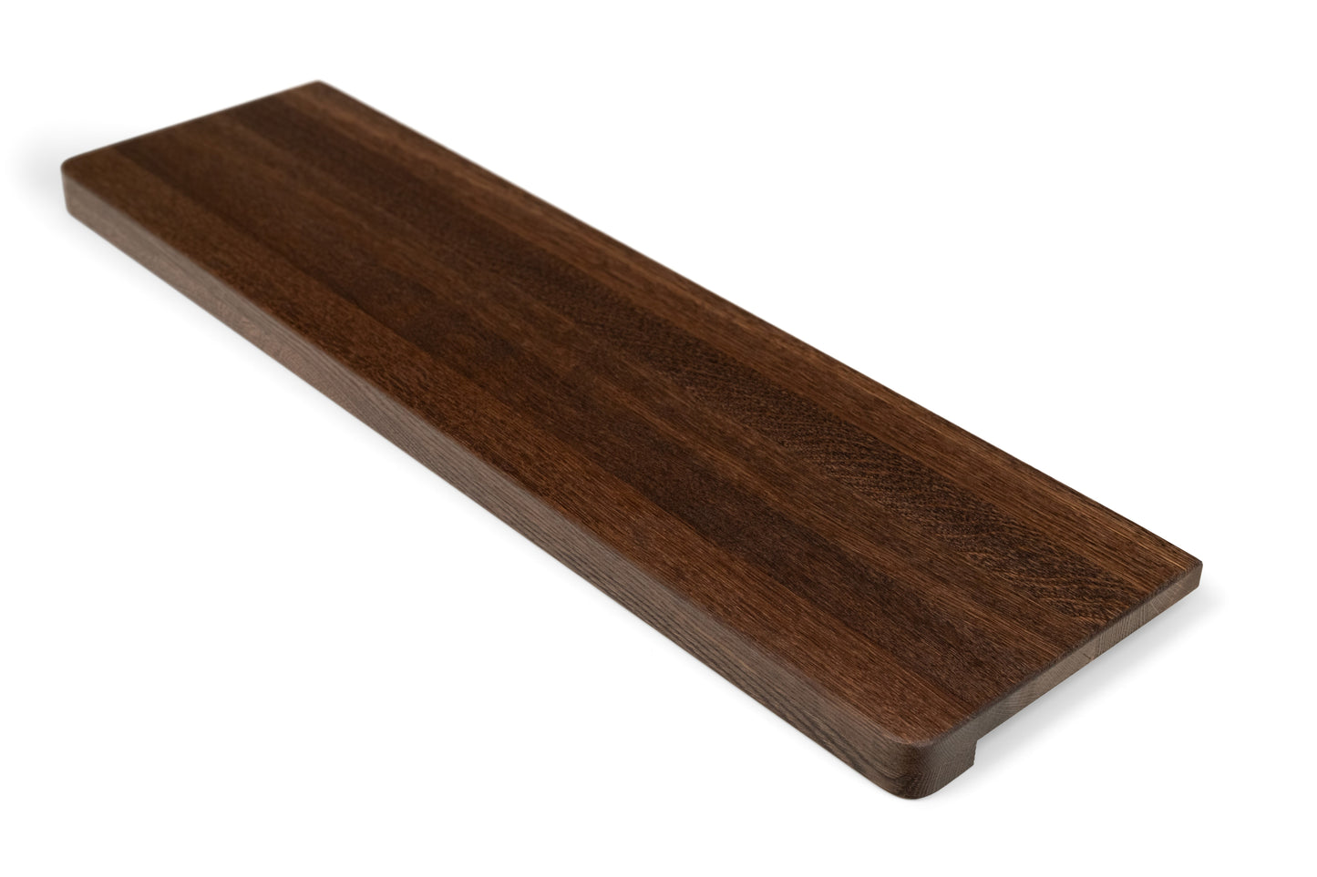 Stair tread Windowsill with wide overhang (5 cm deep) Smoked Oak A/B, full stave lamellas, 20 mm, Natural oil, with rounded corners (radius 20 mm)