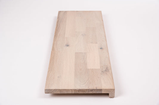 Stair tread Windowsill with overhang Oak Rustic, finger jointed lamellas, 26 mm, Brushed, Chalked white oil