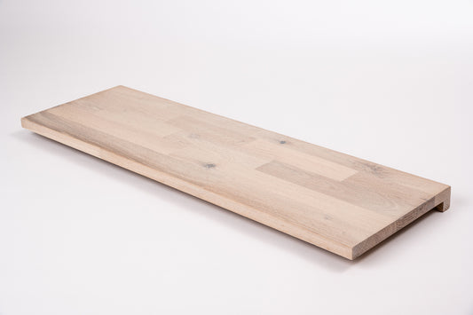 Stair tread Windowsill with overhang Oak Rustic, finger jointed lamellas, 20 mm, Brushed, Chalked white oil