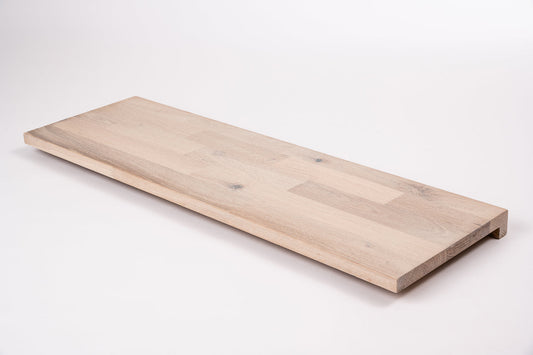 Stair tread Windowsill with overhang Oak Rustic, finger jointed lamellas, 26 mm, Brushed, Chalked white oil