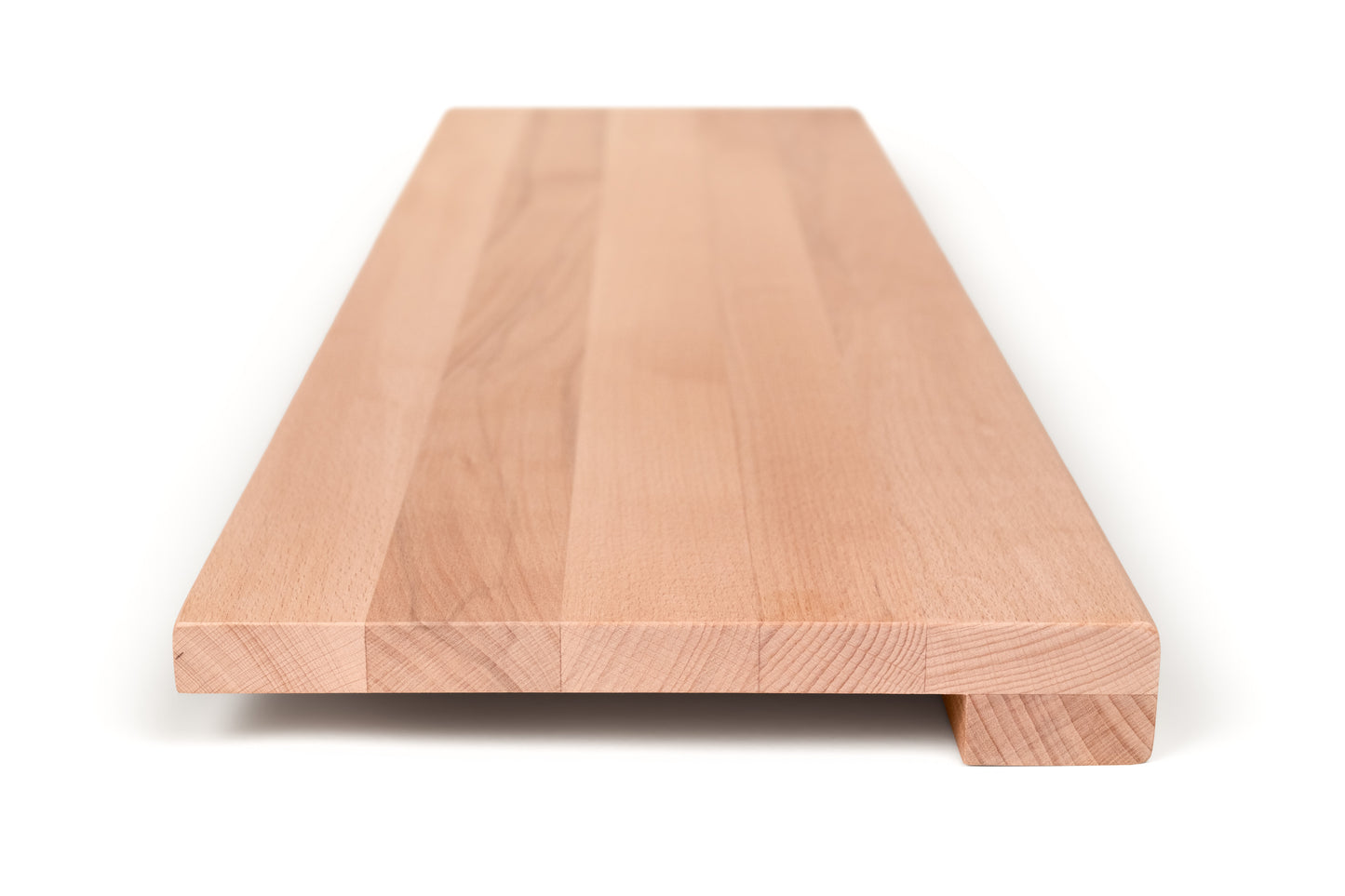Stair tread Windowsill with wide overhang (5 cm deep) Beech Redheart A/B, full stave lamellas, 20 mm, Unfinished, with square corners