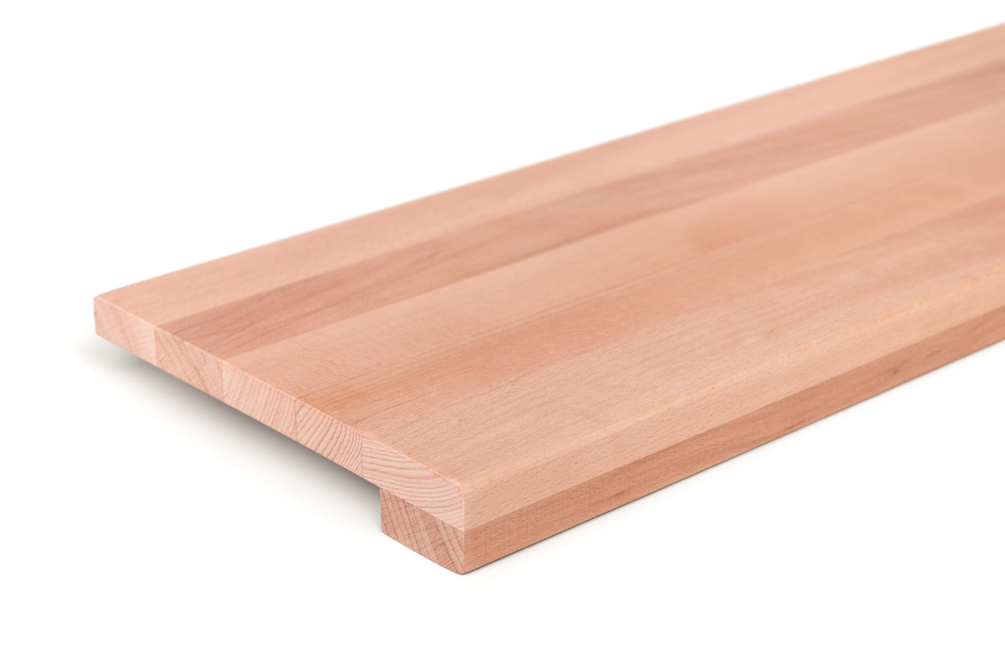 Stair tread Windowsill with wide overhang (5 cm deep) Beech Redheart A/B, full stave lamellas, 20 mm, Unfinished, with square corners
