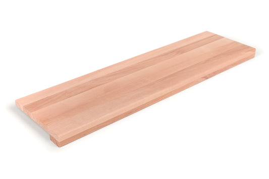 Stair tread Windowsill with wide overhang (5 cm deep) Beech Redheart A/B, full stave lamellas, 20 mm, Unfinished, with square corners