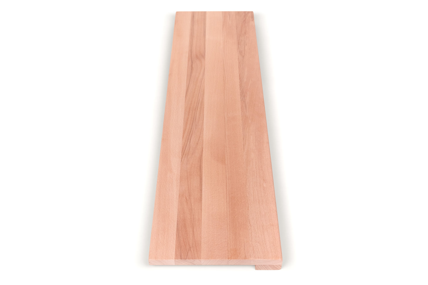 Stair tread Windowsill with wide overhang (5 cm deep) Beech Redheart A/B, full stave lamellas, 20 mm, Unfinished, with square corners