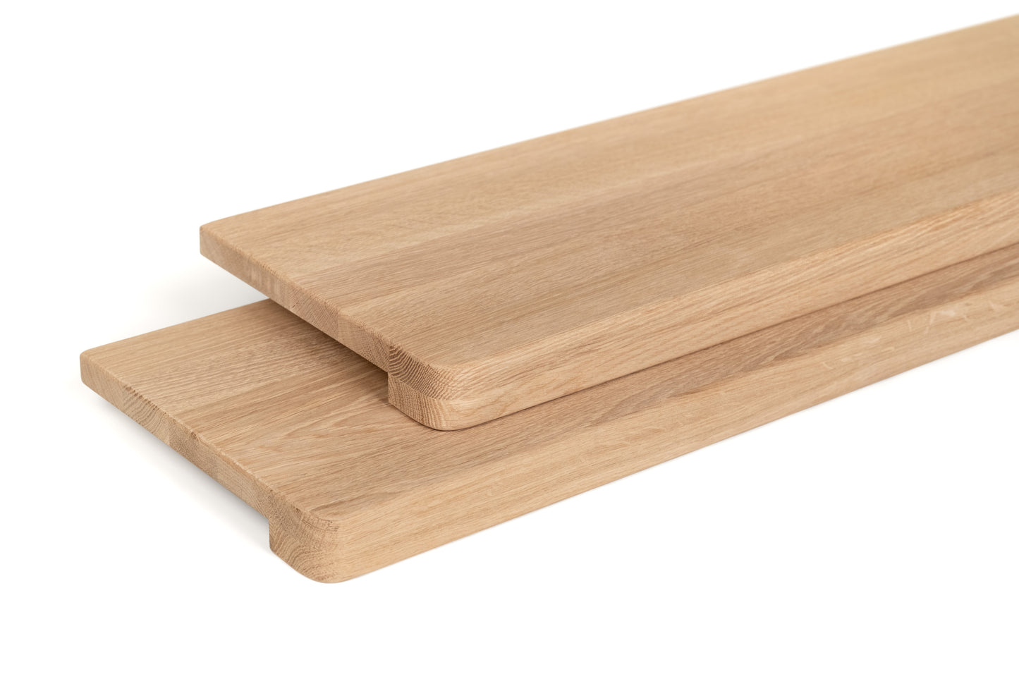 Stair tread Windowsill with wide overhang (5 cm deep) Oak A/B, full stave lamellas, 20 mm, Unfinished, with rounded corners (radius 20 mm)