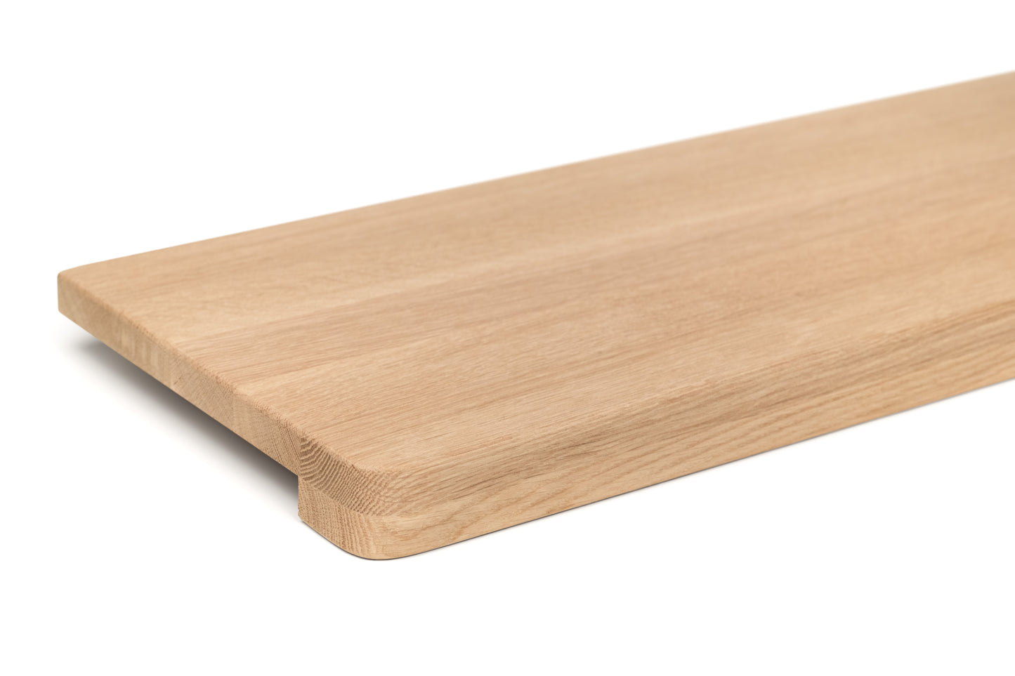 Stair tread Windowsill with wide overhang (5 cm deep) Oak A/B, full stave lamellas, 20 mm, Unfinished, with rounded corners (radius 20 mm)