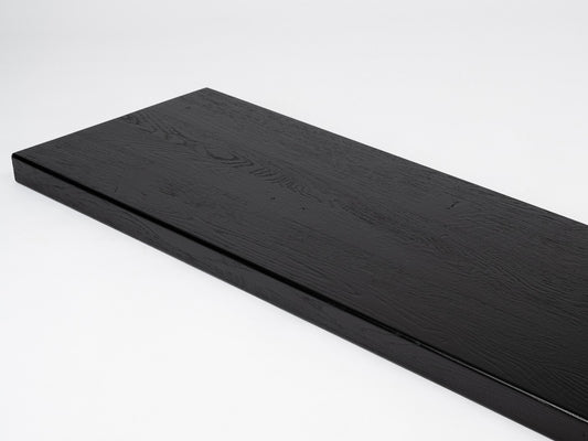 Shelf Stair tread Riser Windowsill Ash Rustic, full stave lamellas, 40 mm, 2-layer, Brushed, Graphite black lacquered (RAL9011)