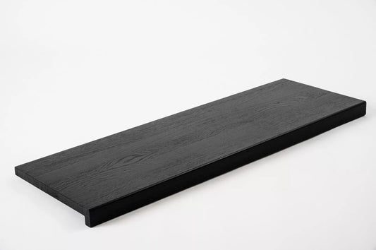 Stair tread Windowsill with overhang Oak A/B, full stave lamellas, 26 mm, Brushed, Graphite black lacquered (RAL9011)