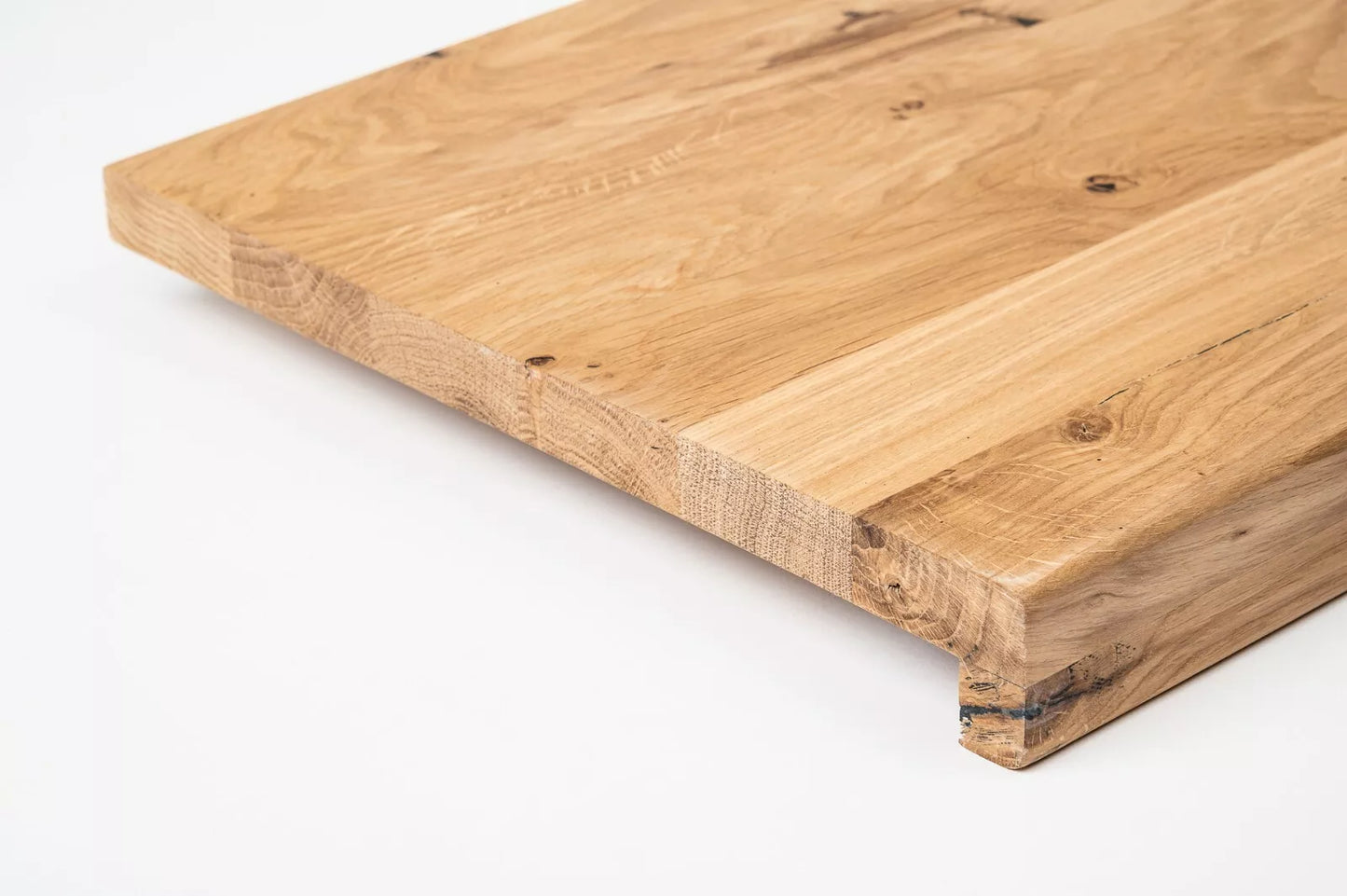 Stair tread Windowsill with overhang Oak Rustic, full stave lamellas, 26 mm, Hard wax oil Natural white