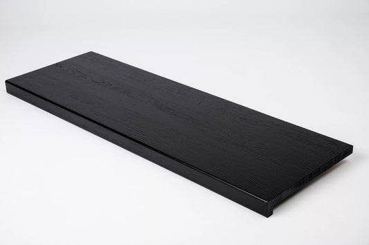 Stair tread Windowsill with overhang Oak Rustic, full stave lamellas, 26 mm, Brushed, Graphite black lacquered (RAL9011)