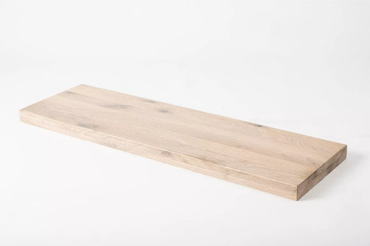 Shelf Stair tread Riser Windowsill Oak Rustic, full stave lamellas, 35 mm, 2-layer, Brushed, Chalked white oil
