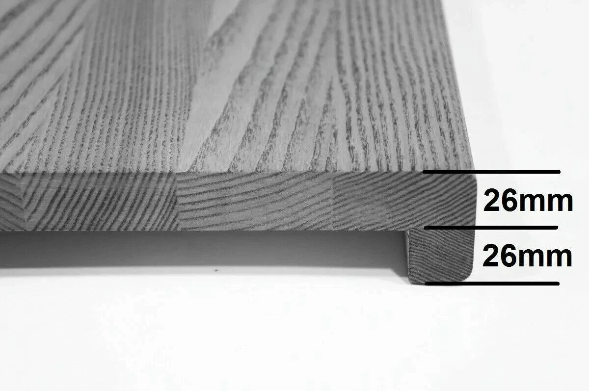 Stair tread Windowsill with overhang Oak Rustic, finger jointed lamellas, 26 mm, Brushed, Graphite black lacquered (RAL9011)