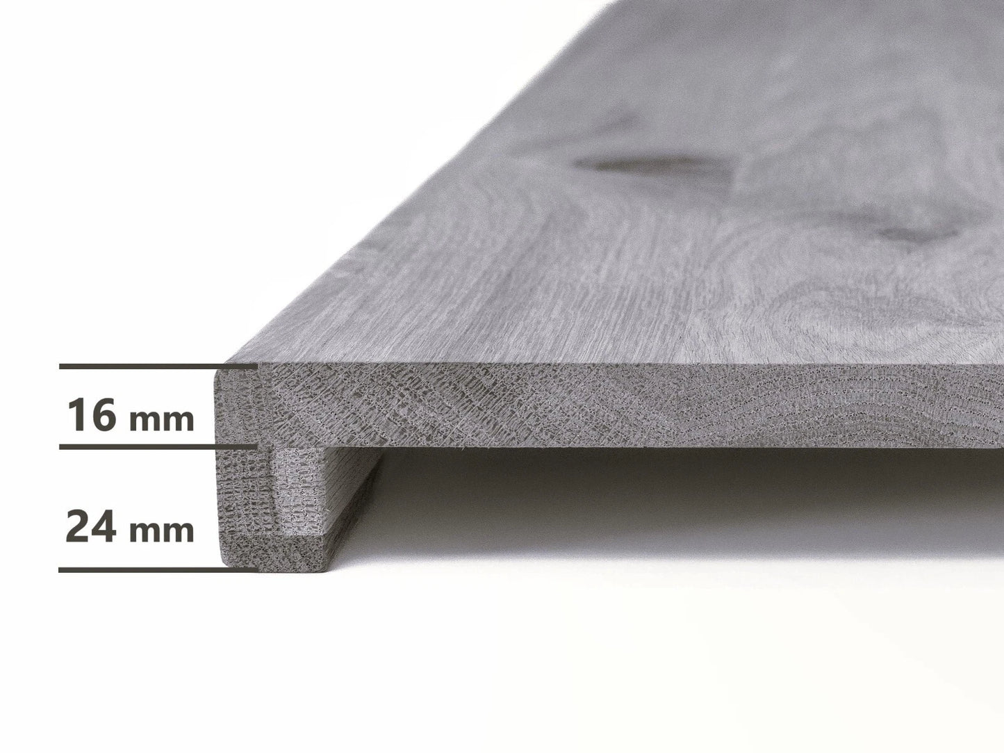 Stair tread Windowsill with overhang Oak A/B, full stave lamellas, 16 mm, Graphite oil